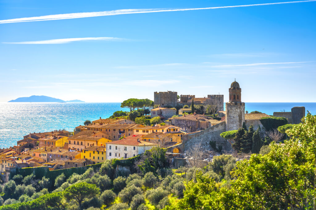 Castiglione della Pescaia, old town and sea. Maremma Tuscany, It